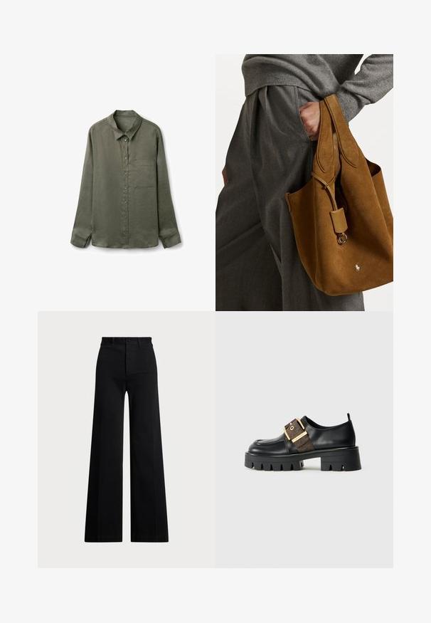Oliven grøn langærmet skjorte med knapper i letvægtsstof, med spids krave og en enkelt brystlomme. Struktureret finish.; Sorte vide bukser lavet af vævet stof, med høj talje, frontlukning med knap og sidelommer. Glat tekstur med rene linjer.; Sort lædersko med en kraftig sål, der har en guld spænde rem og en tekstureret brun detalje. Rund tå og minimalistisk design.; Brun ruskind totebag med rund form, dobbelte håndtag og metalhardware detaljer. Har et lille logo foran.