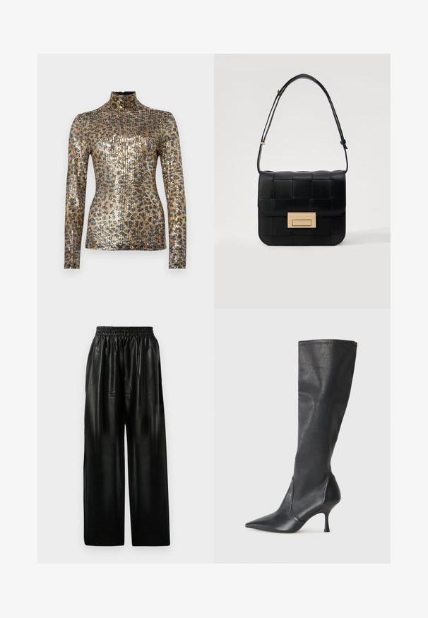 Un haut à manches longues en col montant avec un motif de sequins métalliques dorés et noirs, texture côtelée et design ajusté.; Pantalons larges en cuir noir avec une ceinture élastique, dotés de deux poches latérales et d'une texture lisse et brillante.; Bottes en cuir noir arrivant jusqu'aux genoux avec un bout pointu et un talon aiguille fin. Texture lisse avec un design ajusté et des coutures au bord supérieur.; Loeffler Randall DESI CROSSBODY WITH LOCK HARDWARE - Sac bandoulière - black