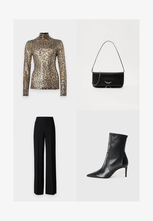 Maglietta a maniche lunghe con collo alto, che presenta un motivo di paillettes metalliche dorate e nere, texture a coste e design aderente.; Pantaloni neri a gamba larga con una texture liscia, dotati di una vita alta e pieghe centrali. Nessun motivo visibile o dettagli in metallo.; Stivali neri alla caviglia realizzati in pelle liscia, caratterizzati da un punta affusolata, stivale aderente e un tacco alto e sottile. Design minimalista senza hardware visibile.; Borsa a mano in pelle nera con una tracolla in catena argento, caratterizzata da decorazioni a forma di ali e cuciture bianche lungo la cucitura inferiore.