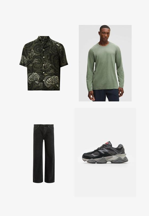 Tumes roheline puuvillane lühikeste varrukatega särk, millel on valged draakonide ja lillede mustrid. Särgil on soonikkrae ja nööpidega esikinnitus.; Pikkade varrukatega särk tuhmrohelises värvitoonis, tekstuuriga mustriga, ümmarguse kaeluse ja raglanvarrukatega, valmistatud pehmest ja kergest kangast.; Mustadest denimist laiad püksid kõrge vöökoht, klassikalise viie taskuga disain ja õrn pleekinud välimus tekstuurilise ilme saavutamiseks.; Must muste ja hall tossud, mis on tehtud segu sametist ja võrkmaterjalist, pakse vahetallaga, silmapaistva logoga ja punase aktsendiga keelel.