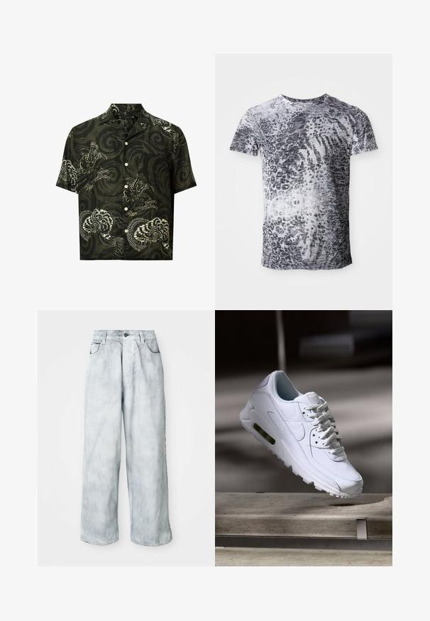 Tumši zaļš kokvilnas krekls ar īsām piedurknēm, baltu pūķu un ziedu rakstu, ar izdurtu apkakli un pogu aizdari.; Pelēka un balta īsām piedurknēm t-krekls ar leopardu rakstu. Izgatavots no mīkstas auduma ar apaļu kakla dizainu.; Gaišā mazgāta plaša kāju džinsu bikses ar augstu jostasvietu, priekšējo pogu un rāvējslēdzēja aizdari, jostas cilpām un priekšējām un aizmugurējām kabatām.; Baltas ādas sporta apavs ar teksturētām virsmām, mīkstu apkakli un redzamu gaisa spilvenu zoles daļā. Aprīkots ar auklām un minimālistisku dizainu.