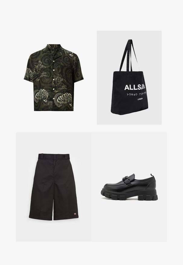 Cămașă cu mânecă scurtă din bumbac verde închis, cu modele alb de dragon și flori, având un guler tăiat și închidere cu nasturi.; Șorturi negre din bumbac cu croială dreaptă, până la genunchi, având un logo de brand vizibil pe tiv și o textură netedă.; Pantofii din piele neagră au o talpă texturată groasă și o curea decorativă peste partea superioară. Au un toc ușor și un tab pentru a fi încălțați pe spate.; Geantă tote neagră din pânză cu două mânere lungi, având text alb „ALLSAINTS” și caractere suplimentare într-un font modern.