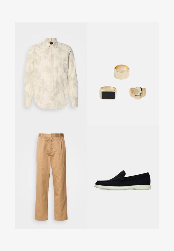 Camisa de botão em tom creme claro com padrão de folhas de palmeira, mangas longas, um bolso no peito e uma barra arredondada. Feita de um tecido suave com uma textura lisa.; Calças caqui, mistura de algodão, design de pernas retas, pregas frontais, passantes para cinto e fecho com botão. Textura suave sem padrões.; Shoe slip-on preto com bico arredondado, apresentando um cabedal texturizado, sola branca lisa e um detalhe de marca discreto na lateral.; Zign 3 PACK - Anel - gold-coloured