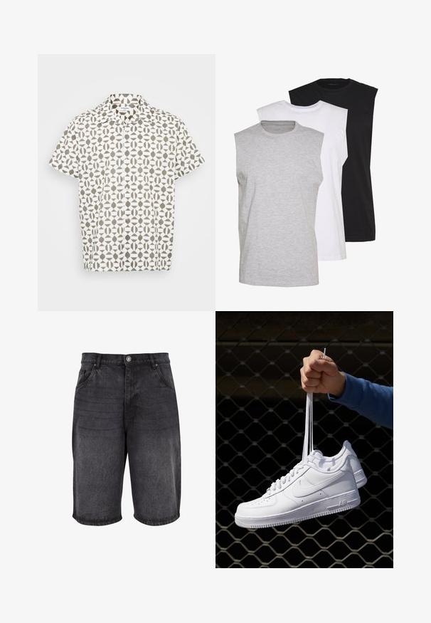 Short-sleeve button-up shirt in white fabric with a geometric brown pattern. Features a classic collar and subtle texture.; Three sleeveless t-shirts in gray, white, and black. Soft cotton material with a crew neck and relaxed fit. Simple design, no patterns.; Black denim shorts featuring a relaxed fit, five-pocket design, and a button closure. The fabric has a smooth texture with subtle fading.; White leather sneakers with perforations, round toe, flat sole, and thick laces, featuring a visible swoosh logo and "AIR" on the heel.