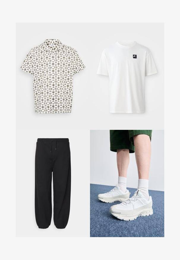 Lycäbrage heltäluusni feronate luht a bärn lyu nérigon ar päläre kuöüvyntisä spring varnöleri maidärsëraji bövärüdív külma. Güüi talklë igenä cädukköñer tävan insectsis.; Valkoinen puuvillapaita lyhyillä hihoilla ja pyöreällä kauluksella; etuosassa on pieni musta suorakulmainen Nike Air -logo vasemmalla rinnassa.; Mustat verkkarit, jotka on valmistettu pehmeästä materiaalista. Niissä on joustava vyötärö, jota voi säätää nyörillä, sekä kapenevat hihansuut nilkoissa.; Valkoiset urheilukengät, joissa on tekstuuriset päällysteet, paksu pohja ja harmaat yksityiskohdat. Yhdistetty valkoisiin putkisukkiin ja vihreisiin shortseihin sinisellä pinnalla.