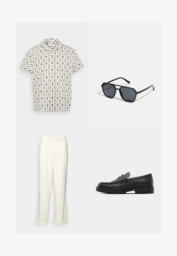 Camisa de botão de manga curta em tecido branco com um padrão geométrico castanho. Apresenta um colarinho clássico e uma textura subtil.; Calças de linho em off-white com um cós elástico, pernas ligeiramente largas e acabamentos dobrados para um ajuste descontraído. Sem bolsos.; Sapatilhas de couro preto com bico arredondado, apresentando um design cosido, sola de plataforma baixa e um solado de borracha texturizado e com cravos.; Óculos de sol pretos com armação octogonal, lentes escuras, acabamento brilhante, hastes finas e detalhes em dourado na parte frontal.