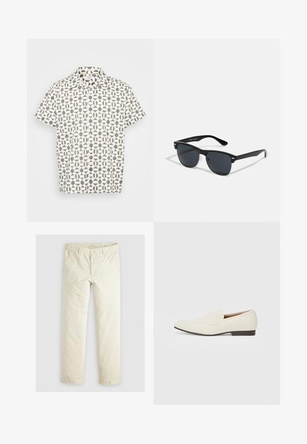 Korte ermers skjorte i hvit stoff med et geometrisk brunt mønster. Har klassisk krage og subtil tekstur.; Lys beige løse bukser med tre lommer, beltestropper og rett ben-design. Laget av et mykt bomullsblandingsstoff.; Lyse beige loafers med spiss tå, glatt materiale, en stropp over vampsen, og en lav brun såle. Enkel design med minimale detaljer.; Sorte solbriller med rektangulær form, mørke linser, sølvfargede detaljer ved templene, og en matt finish på rammen.
