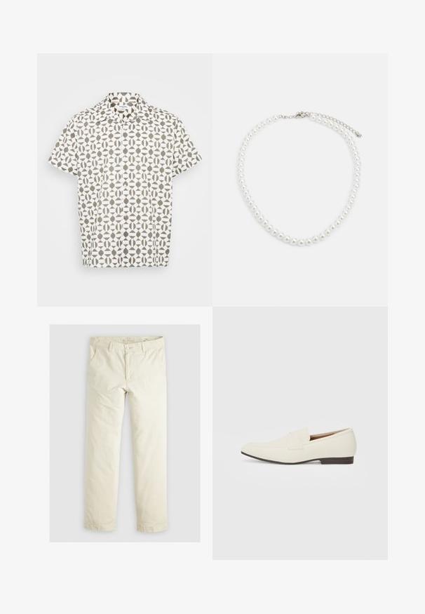 Koszula z krótkim rękawem zapinana na guziki z białej tkaniny w geometryczny brązowy wzór. Wyposażona w klasyczny kołnierzyk i subtelną fakturę.; Jasno beżowe luźne spodnie z trzema kieszeniami, paskami na pasek oraz prostym krojem nogawki. Wykonane z miękkiej mieszanki bawełny.; Jasne beżowe mokasyny z wąskim noskiem, gładkim materiałem, paskiem na wierzchu stopy oraz niską brązową podeszwą. Prosty design z minimalnymi akcentami.; Biała perłowa naszyjnik o jednolitym, okrągłym kształcie, gładkiej powierzchni oraz metalowym zapięciu z przedłużanym łańcuszkiem dla regulowanej długości.