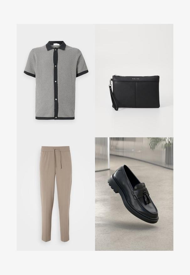 Polo de manga corta en tejido de punto a rayas en blanco y negro, con cuello negro y cierre frontal de botones con herrajes plateados.; Pantalones beige claros con cinturilla elástica, cordón ajustable y perneras estrechas. La tela parece suave con un ligero brillo.; Mocasines negros de cuero con acabado liso, borla decorativa, suela gruesa de goma y detalles cosidos. Diseño ligero y elegante.; Clutch sintético negro con cierre de cremallera, asa para la muñeca y textura suave. Presenta costuras sutiles y un logo estampado en la parte frontal.