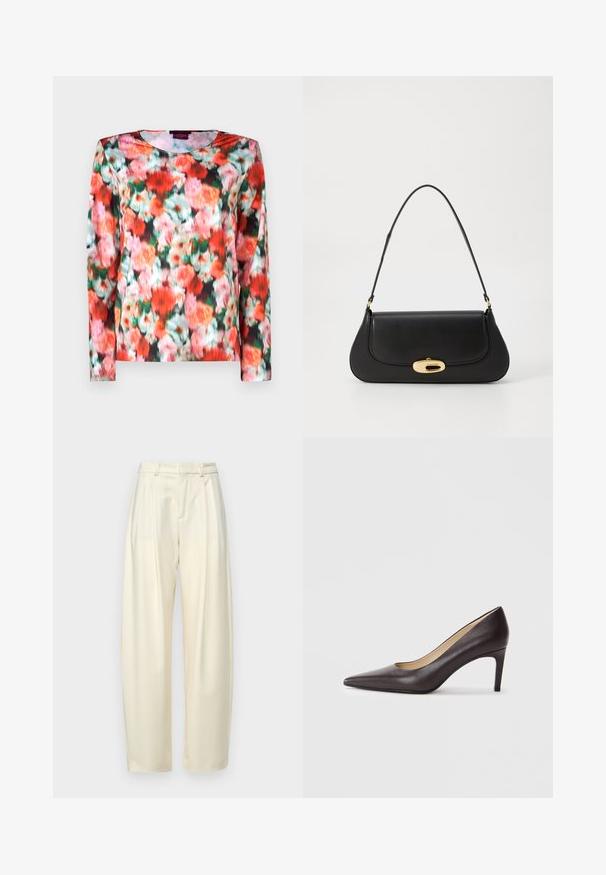 Blusa de manga larga con un vibrante patrón floral en tonos rojos, rosas y verdes sobre un fondo oscuro. Tejido suave con escote redondo.; Pantalones pliegues de talle alto en un tejido crema claro. Presentan un corte recto y una textura suave. Sin bolsillos ni herrajes visibles.; Zapato de tacón alto de cuero negro con punta afilada, textura suave y un delgado tacón stilettos. El interior muestra un forro beige.; Bolso de mano de cuero negro con un diseño curvado, herrajes en tono dorado y un mango superior. Presenta un cierre elegante y una textura suave.