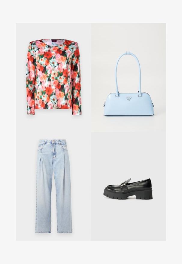 Tricou cu mânecă lungă, prezentând un model floral vibrant cu nuanțe de roșu, roz și verde pe un fundal întunecat. Material neted, cu decolteu rotund.; Jeans din denim albastru deschis cu talie înaltă, croială evazată, două buzunare laterale și un design pliat. Textură moale cu un finisaj decolorat.; Mocasini negri din piele cu talpă din cauciuc masivă. Prezintă un accent cu cataramă și detalii cusute pe partea superioară. Toc plat.; Geantă de mână bleu deschis, cu o formă structurată, din piele netedă, două mânere și un logo de brand triunghiular pe față. Închidere cu fermoar.