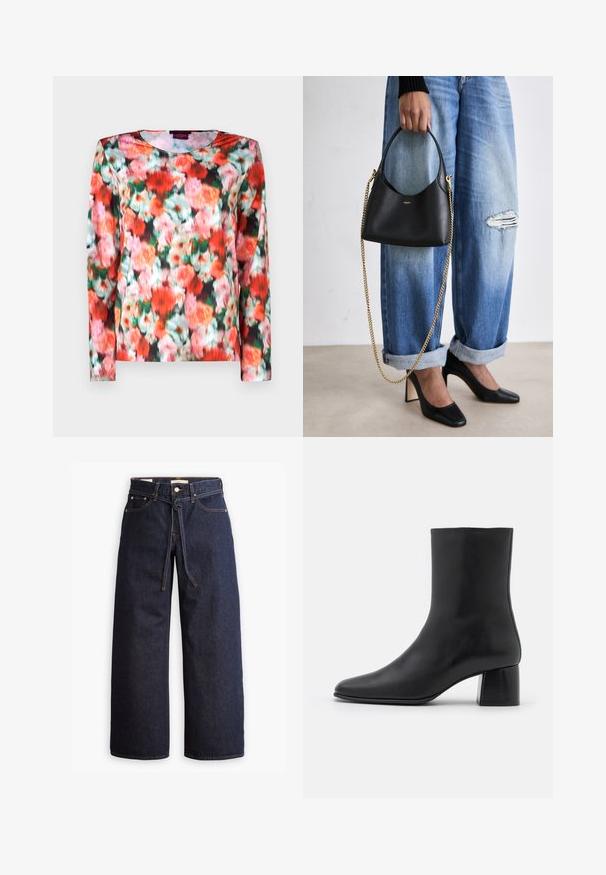 Langarmtop met een levendig bloemenpatroon in rode, roze en groene tinten op een donkere achtergrond. Glad stof met een ronde halslijn.; Wijd pijpjes donkerblauwe denim jeans met een hoge taille, voorzien van een trekkoord, vijf zakken en contrasterende stiksels.; Zwarte leren enkelboot met een spitse neus en een chunky vierkante hak. Glad oppervlak met een naadloos ontwerp en minimalistische stiksels.; Zwarte leren handtas met een gebogen vorm, korte handgreep en gouden kettingriem. Draag hem bij versleten blauwe denim en zwarte hoge hakken.