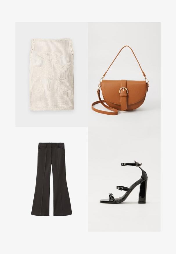 Strikket top i beige med åbenvævning. Har scallopkanter, et blomstermønster strikket ind i stoffet og ærmeløs skæring.; Sorte flagrende bukser med høj talje; har to forlommer og en glat stofstruktur. Egnet til forskellige anledninger.; Sorte laklædersandaler med høje hæle, to spænderemme, firkantet tå og en kraftig blokhæl, der har en glat, blank overflade.; Brun læder crossbody taske med en buet form, guldfarvet hardware og en spændeaccent. Har en aftagelig skulderrem.