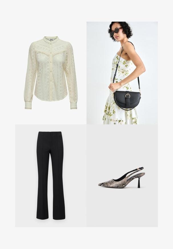 Lace blouse in off-white with intricate patterns, long sleeves, a button-up front, and a mandarin collar. Delicate trim at the cuffs.; Black flared trousers with a ribbed texture and fitted waist. The design features vertical seams for a streamlined look. No visible hardware.; Pointed-toe slingback shoes made of textured snake print material, featuring a slender black heel and a cutout design on the sides.; Black leather handbag with a curved shape, detachable strap, and gold hardware. The bag features a flap with a buckle detail.