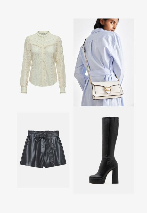 Krajková halenka v off-white barvě s náročnými vzory, dlouhými rukávy, zapínáním na knoflíky a mandarínským límcem. Jemný pás na manžetách.; Černé kožené šortky s vysokým pasem, elastickým pasem, odnímatelným udicím pásem a hladkou texturou. Mají plochý přední díl a boční kapsy.; Černé kozačky sahající po kolena, vyrobené z hladké kůže s texturovaným povrchem, s vysokým blokovým podpatkem a kulatou špičkou.; Bílá kožená kabelka se zlatou kovovou sponou, přední klopou a černými okraji, s řetízkem, který se nosí křížem přes tělo, na světle modrém tričku.