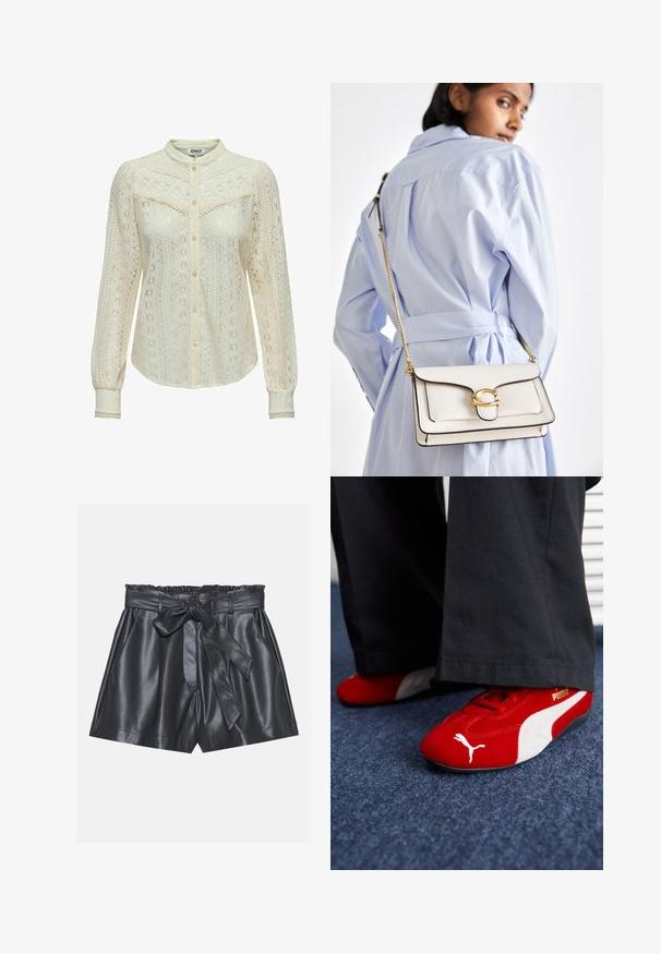 Blouse en dentelle blanc cassé avec des motifs complexes, manches longues, fermeture à boutons sur le devant et col mandarin. Finitions délicates aux poignets.; Shorts en cuir noir avec taille haute, bande élastique, ceinture amovible et texture lisse. Présente un devant plat et des poches latérales.; Baskets en suède rouge avec des accents blancs, dotées d'un matériau texturé, d'une pointe arrondie et d'un logo doré sur le côté, portées avec un pantalon noir.; Sac en cuir blanc avec quincaillerie dorée, un rabat à l'avant et des bords noirs, doté d'une chaîne portée en bandoulière contre une chemise bleu clair.