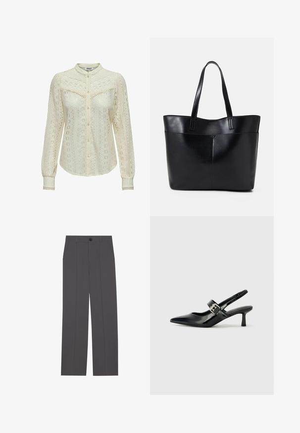 Kanten blouse in off-white met ingewikkelde patronen, lange mouwen, een knoopsluiting aan de voorkant en een Chinese kraag. Fijne afwerking bij de manchetten.; Grijze broek met een recht model, voorzien van twee zijzakken en een knoopsluiting. Gladde stof zonder zichtbare patronen of accenten.; Zwarte gepatineerde leren slingback hakken met een puntige neus en een kleine blokhak, met een zilveren gespaccent op de band.; Zwarte leren tote bag met twee lange handvatten, een zachte textuur en een gestructureerde vorm. Voorzien van een voorvak voor extra opslagruimte.
