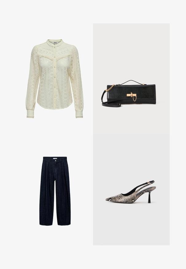 Čipkasta bluzica v oker-bež barvi z zapletenimi motivi, dolgimi rokavi, sprednjim zapenjanjem na gumbe in mandarin ovratnikom. Nežna obrobka na manšetah.; Temne traper hlače širokega kroja z naborki na pasu, z sprednjim gumbom in zankami za pas. Gladka tekstura in dolga zasnova.; Cipele s izrezanim leđima i uskim potplatom, s karakterističnim oblikom na vrhu i teksturiranim uzorkom zmijske kože, imaju tanke crne potpetice i otvoreni dizajn sa strane.; Črna torbica z zadrgo z teksturiranim zaključkom, zlatim verižnim ročajem in zaponko. Pravokotna oblika z elegantnim, minimalističnim dizajnom.