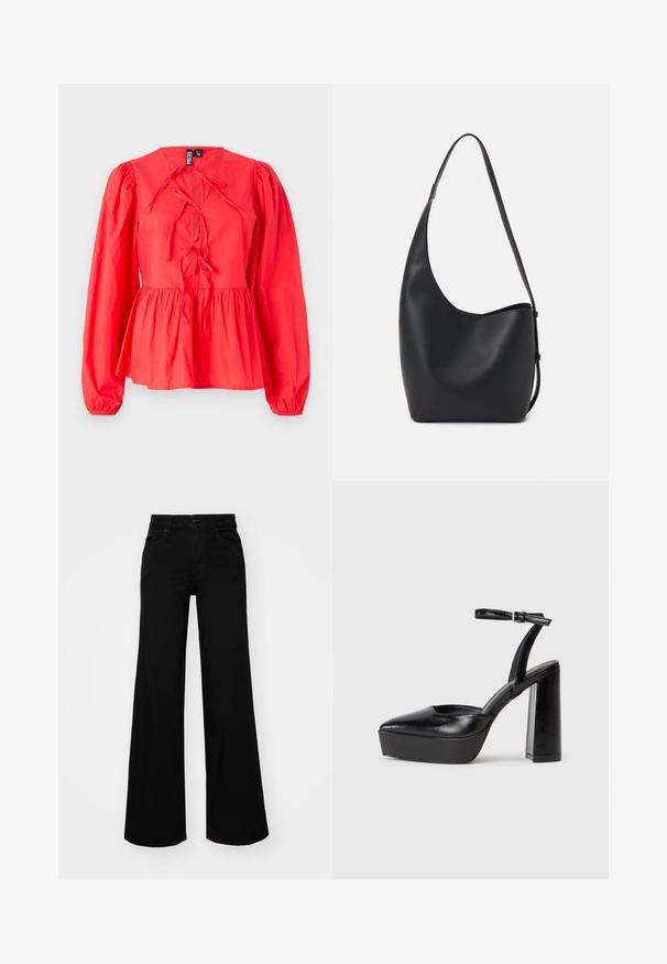 Blusa rossa a maniche lunghe con scollatura tonda, dettagli con fiocco sulla parte frontale, vita a peplo arricciato e tessuto testurizzato.; Pantaloni neri a gamba larga in denim, con una vita strutturata, passanti per la cintura e tasche frontali. Texture liscia con un design classico.; Tacchi a piattaforma neri con punta appuntita e cinturino regolabile alla caviglia. Realizzati in pelle liscia, presentano un tacco a blocco spesso.; Borsa hobo nera in pelle con una superficie liscia, forma curvata e una singola tracolla regolabile; presenta un'ampia apertura nella parte superiore.