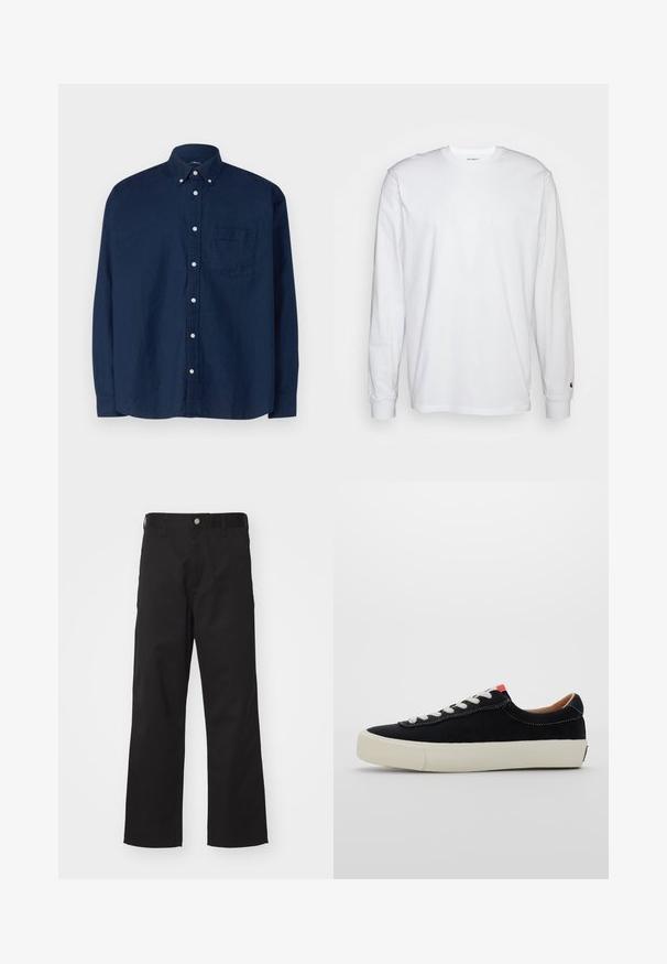 Camisa azul-marinho abotoada feita de algodão. Apresenta um colarinho pontudo, mangas longas, um bolso no peito e botões brancos. Tecido texturizado.; T-shirt de mangas longas branca feita de algodão. Design de gola redonda com punhos canelados e um pequeno logotipo na manga esquerda. Textura suave.; Calças pretas feitas de um tecido durável com um corte straight, apresentando um fecho frontal por botão, passantes para cinto e sem padrões ou detalhes visíveis.; Sapatilhas de tecido preto com atacadores brancos, sola de borracha bege e detalhe em vermelho no calcanhar. Bico arredondado e mínimo detalhe de costura.