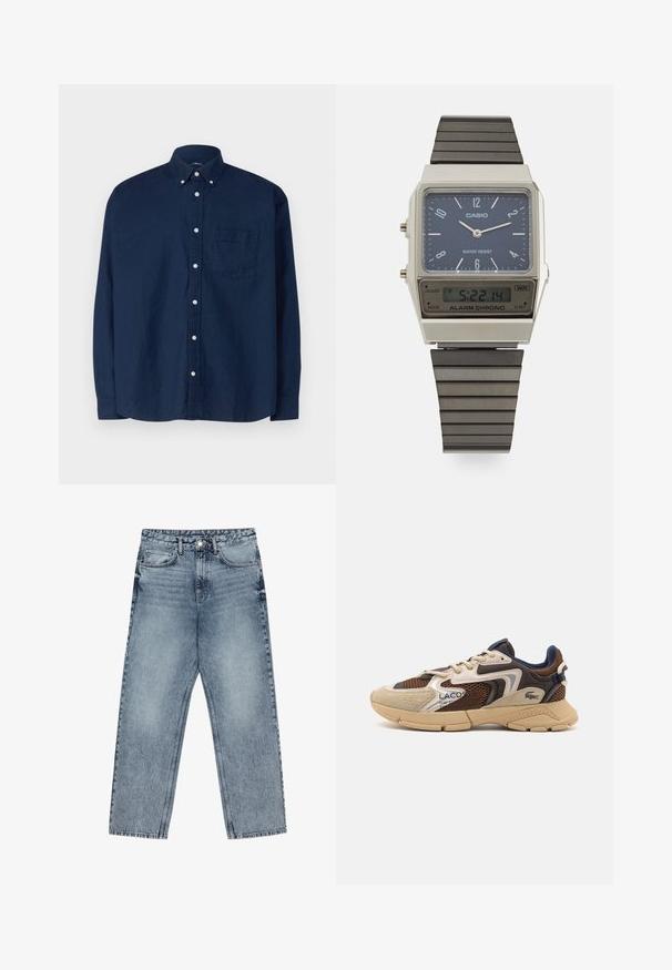 Navy sininen napitettava paita, joka on valmistettu puuvillasta. Ominaisuuksiin kuuluu teräväkauluksinen, pitkät hihat, rintatasku ja valkoiset napit. Teksturoitu kangas.; Vaaleansiniset farkut, joissa on suora lahje, näkyvät tikkaus, viisi taskua ja napin suljenta vyötäröllä.; Beige ja pruun tennised tekstuursete võrgupaneelidega, sametised aktsendid ja kummist talla. Omab nöörimise disaini ja bränditud detaile.; Casio digitaalikello, jossa on sininen kellotaulu, hopeinen kuori ja kerroksellinen musta kumihihna. Näyttää ajan ja hälytysasetukset. Vedenkestävä.