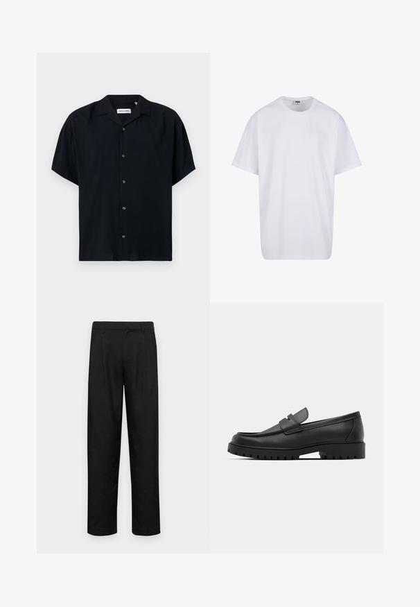Camisa negra de manga corta hecha de tejido liviano, con cuello, cierre de botones y un ajuste relajado. Diseño simple y liso sin patrones.; Camiseta blanca de algodón con mangas cortas, cuello redondo, corte relajado y sin logotipos ni patrones visibles. Textura suave y diseño minimalista.; Pantalones negros de tela suave, con un diseño de pierna recta, dos pliegues frontales y una cintura estándar con trabillas para el cinturón.; Mocasines de cuero negro con punta redonda, que cuentan con un diseño cosido, suela de plataforma baja y una suela de goma texturada y con tacos.