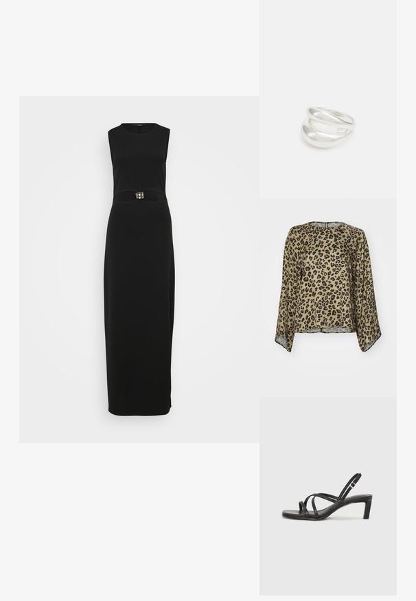 Blusa con stampa leopardata, scollatura rotonda, maniche lunghe e vestibilità morbida. Realizzata in un tessuto liscio e leggero in toni di beige e nero.; Maxi abito senza maniche nero con silhouette aderente, texture liscia e un distintivo dettaglio con fibbia in vita.; Sandalo nero con cinturini, dalla punta squadrata e tacco basso a blocco. Presenta diversi cinturini sottili e una cinturini regolabile alla caviglia. Realizzato in pelle liscia.; Borsa a tracolla nera in pelle con una texture liscia, forma rettangolare e dettaglio in catena metallica sul davanti. Inclusa una tracolla regolabile.; Anello doppio in argento con superficie liscia e lucida. Presenta un design fluido e curvo con sezioni sovrapposte per un aspetto moderno.