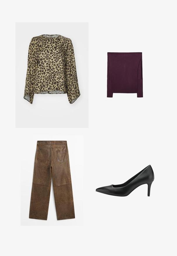 Bluse mit Leopardenmuster, runden Ausschnitt, langen Ärmeln und lockerer Passform. Hergestellt aus einem glatten, leichten Stoff in Beige- und Schwarztönen.; Langärmliges Oberteil aus tiefviolettem Stoff mit glatter Textur; hat seitliche Akzentpaneele und eine lockere Passform mit einem weiten Ausschnitt.; Braune Leder-Hosen mit weitem Bein, zwei Gesäßtaschen und sichtbaren Nähten, von hinten auf einem weißen Hintergrund gezeigt.; Schwarzer Leder-Stöckelschuh mit spitzem Zehenbereich, der ein ausgeschnittenes Design und einen schlanken Stilettoabsatz aufweist. Glatte Textur und eleganter Schnitt.