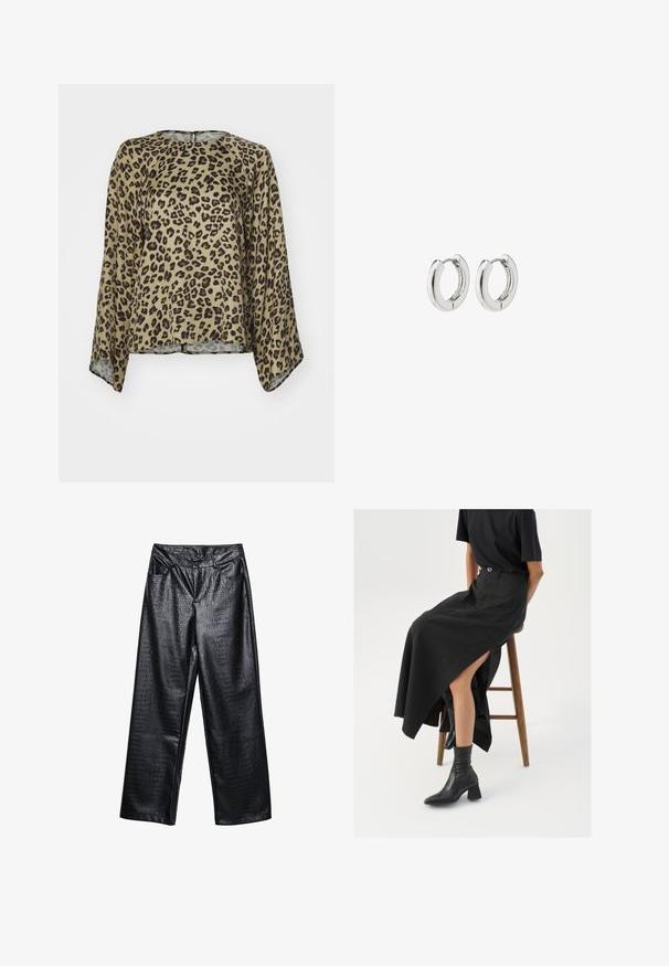 Bluzka w panterkę z okrągłym dekoltem, długimi rękawami i luźnym krojem. Wykonana z gładkiego, lekkiego materiału w odcieniach beżu i czerni.; Czarne spodnie z sztucznej skóry o szerokich nogawkach z teksturowanym wzorem krokodyla, z przednimi kieszeniami i zapięciem na guzik w talii.; Czarna lniana spódnica maxi z wysokim rozcięciem, noszona z czarnym t-shirtem i czarnymi botkami sięgającymi kostek. Minimalistyczny design z luźnym krojem.; Srebrne kolczyki na kółkach o polerowanym wykończeniu, z okrągłym wzorem i bezszwowymi zawiasami, charakteryzujące się gładką teksturą.