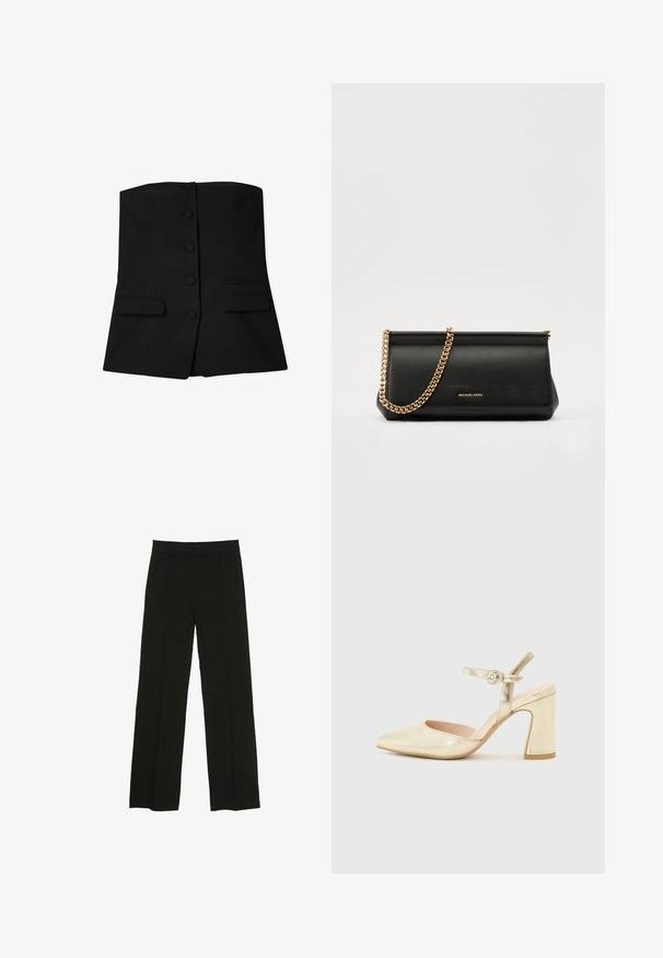 Črna brezrokavna vesta s prilegajočim dizajnom, ki ima spredaj šest okroglih gumbov in dva žepa s preklopom na pasu. Gladka tekstura.; Črne široke hlače iz gladkega materiala, z oprsnikom in diskretnimi sprednjimi plisami za dodano teksturo.; Zlata metalna visoka obuća s šiljastim nosom, remenom oko gležnja s kružnim kopčom i dizajnom debljeg potplata. Glatka tekstura.; Črna usnjena torbica z zlatim verižnim trakom, z gladko teksturo, pravokotno obliko in embosiranim logotipom spredaj.