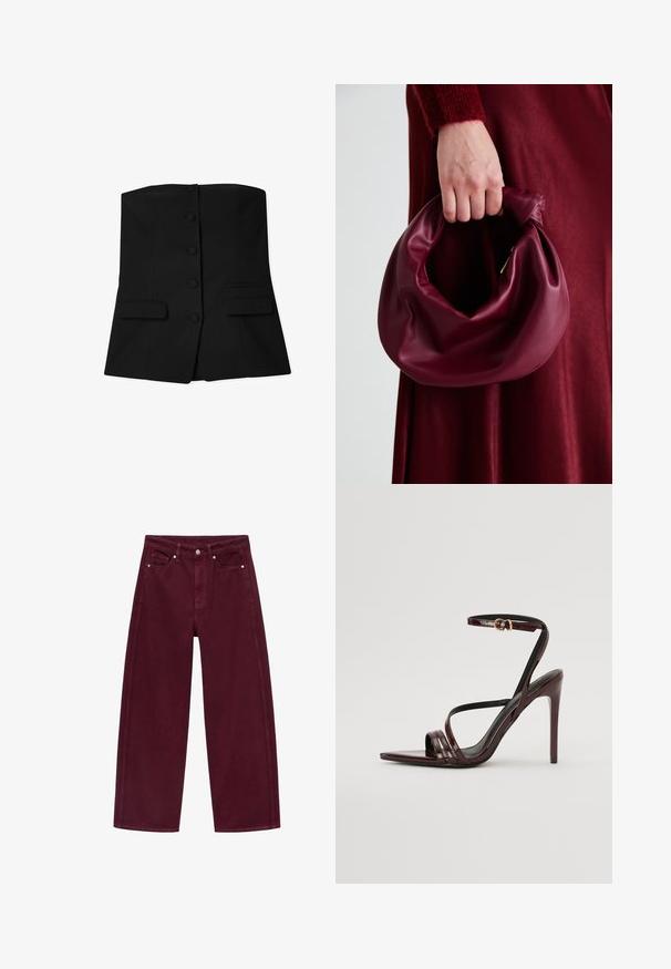 Black strapless vest with a fitted design, featuring six round buttons at the front and two flap pockets at the waist. Smooth texture.; Burgundy wide-leg jeans made from cotton denim, featuring a four-pocket design and metal button closure with matching stitching.; Burgundy patent leather high-heeled sandal with an ankle strap, pointed toe, and three horizontal straps across the foot. Gold-tone buckle detail.; Burgundy leather handbag with a soft, gathered design and a rounded shape. The handle is secured, showcasing a smooth texture.