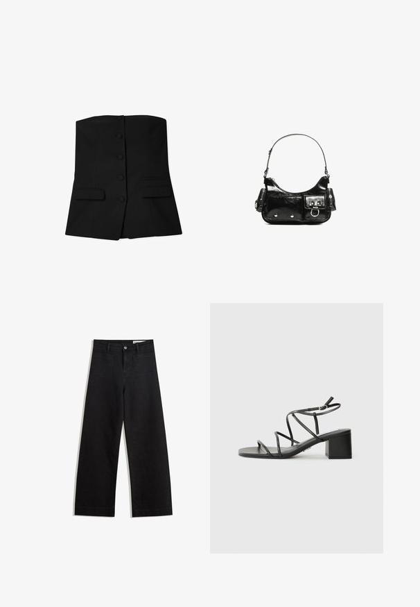 Czarny bezrękawnik o dopasowanym kroju, z sześcioma okrągłymi guzikami z przodu i dwiema kieszeniami klapkowymi na wysokości talii. Gładka tekstura.; Czarne dżinsowe spodnie o szerokich nogawkach i wysokim stanie, z przednimi i tylnymi kieszeniami, przeszyciami oraz zapięciem na guziki. Gładka struktura.; Czarne sandały na obcasie z kwadratowym noskiem, wykonane z gładkiego materiału. Mają regulowane paski na kostce oraz minimalne elementy ozdobne.; Czarna torebka z lakierowanej skóry o zaokrąglonym kształcie, z jednym paskiem na ramię, przednimi kieszeniami i akcentami w kolorze srebrnym.