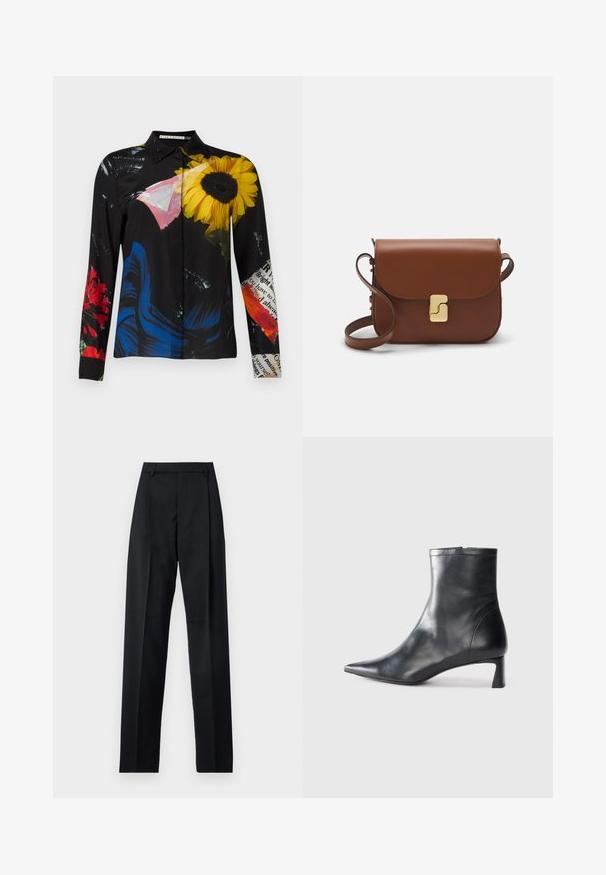 Sort bluse med et blomstermotiv med gule solsikker, røde blomster og blå accenter. Glat stof med krave og knaplukning.; Sorte bukser lavet af glat stof, der har høj talje, brede ben, frontfolder og klassiske bælteløkker. Ingen synlige sidelommer.; Sort læder ankelstøvle med spids tå og et strømlinet design. Har en lav hæl og en lynlås lukning bagpå. Glat tekstur.; Brun læder håndtaske med flaplukning, hardware i gyldent tone, en skulderrem og en glat overflade. Kompakt rektangulær form.