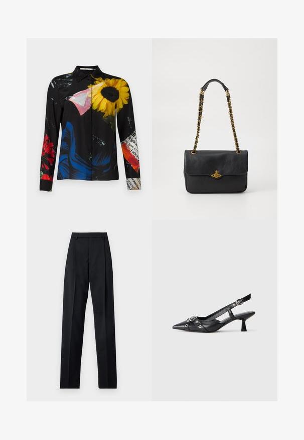 Black blouse featuring a floral pattern with yellow sunflowers, red flowers, and blue accents. Smooth fabric with a collar and button closure.; Black trousers made from smooth fabric featuring a high waist, wide legs, front pleats, and classic belt loops. No side pockets visible.; Black leather slingback shoe with a pointed toe, decorative straps featuring metal eyelets, and a low block heel. Textured surface.; Black leather handbag with a fold-over flap, gold-tone chain strap, and logo hardware detail on the front. Smooth texture.