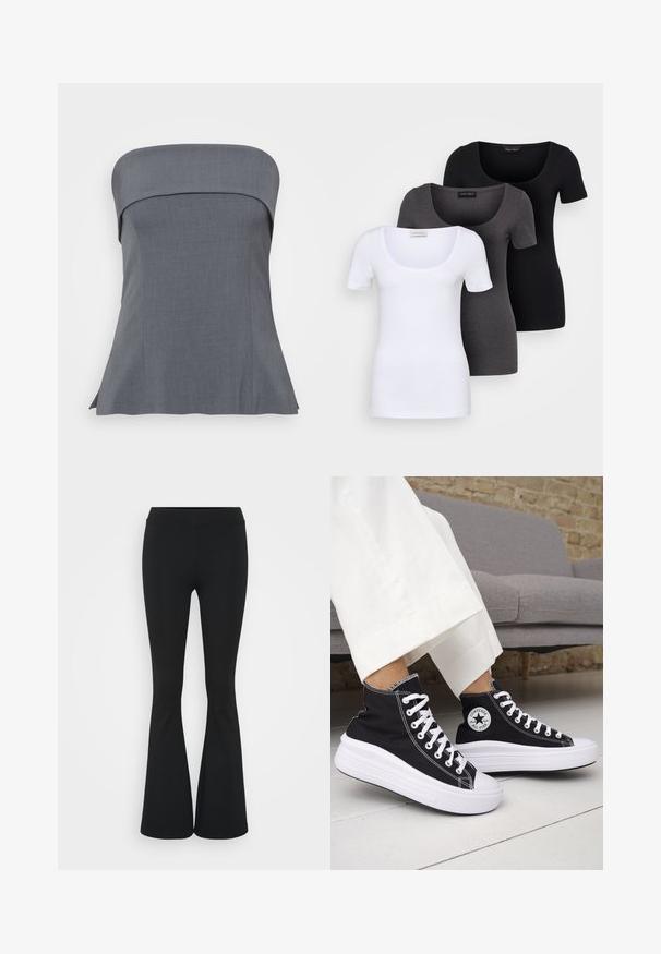 Hallide triipudeta topp, sirge dekoltee ja kohandatud lõikega, avara hemiga. Kanga pind on sile, sobib nii igapäevaseks kui ka pidulikuks kandmiseks.; Kolm mugavat T-särki valges, hallis ja mustas värvitoonis. Igal särgil on lai madal kaelus ja lühikesed varrukad. Valmistatud siledast, venivast kangast.; Mustad flared püksid venivast kangast, kõrge vöökoht ja sile tekstuur. Püksid laienevad põlve kohalt.; Mustad kõrge säärega tossud valgete kummist tallade ja paeltega. Omad ümmargust logomärki ja kontrastset valget õmblust. Materjaliks lõuend.