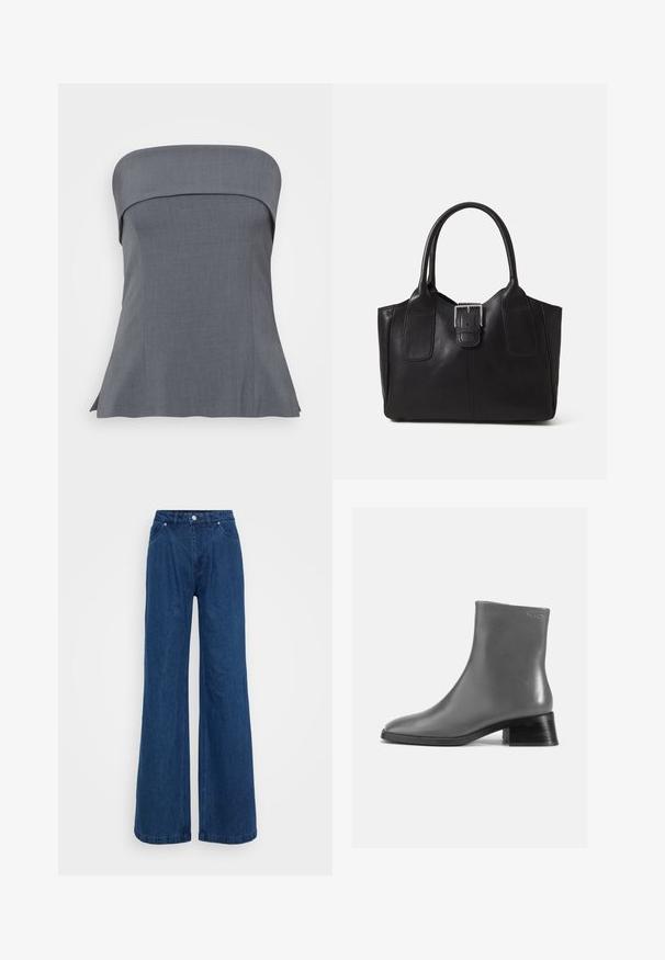 Gray strapless top with a straight neckline, tailored fit, and flared hem. The fabric has a smooth texture, suitable for casual or formal wear.; Wide-leg blue denim jeans with a high waist, front button and zipper closure, and front and back pockets against a plain background.; Gray leather ankle boot with a rounded toe and a short, stacked black heel. Smooth texture with minimal detailing.; Black leather tote bag with smooth texture, structured shape, two handles, and a prominent silver buckle detail on the front.