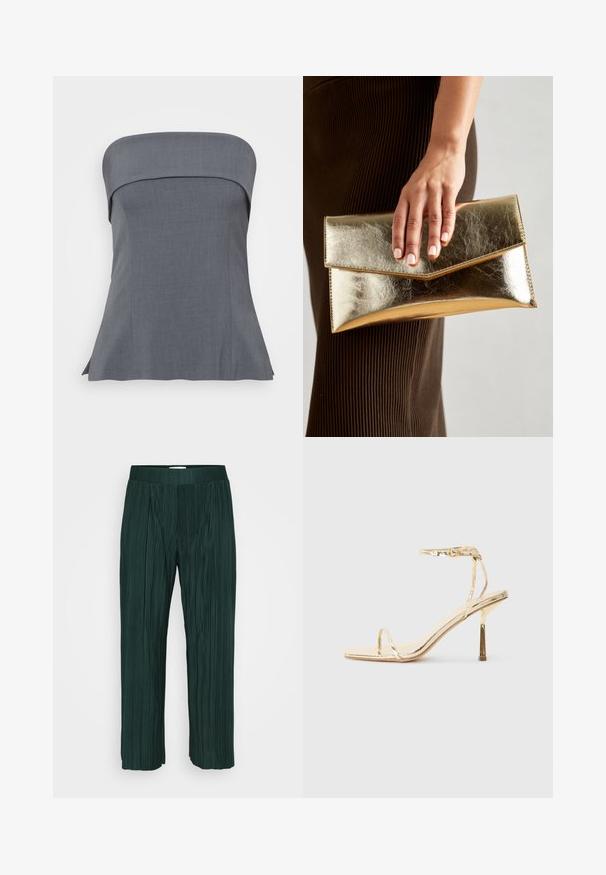 Szürke, pánt nélküli felső, egyenes dekoltázzsal, testhezálló szabással és bővülő aljjal. Az anyag sima tapintású, alkalmas hétköznapi vagy ünnepi viseletre.; Sötétzöld, pliszírozott, széles szárú nadrág, elasztikus derékkal, sima fehér háttér előtt bemutatva.; Aranyszínű, fényes felületű, magas sarkú szandál, négyzet alakú orral, vékony bokapánttal és elegáns, minimalista kialakítással.; Arany fémes clutch táska sima textúrával, háromszög alakú csattal. A kéz, amely tartja, szépen manikűrözött körmökkel rendelkezik.; Arany fülbevalók sima, fényes felülettel. Kör alakú dizájn, amely kis kapoccsal és átlátszó tartozékkal rendelkezik a biztonságos viselés érdekében.