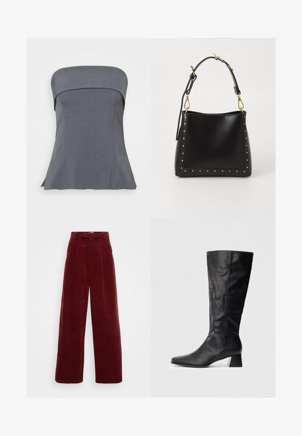 Grå strapless topp med rett utringning, tilpasset passform og utvidet fald. Stoffet har en jevn tekstur, egnet for både uformell og formell bekledning.; ONLY Tall ONLSVEA NESSA CORD WIDE - Bukse - cabernet; Svart lærstøvel til midt på leggen med spiss tå og blokkhels på enkel lys bakgrunn.; Svart lærhåndveske med en strukturert form, prydet med gull nagler langs kantene og en avtagbar stropp med gullfargede detaljer.