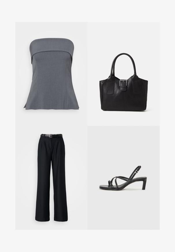 Pilkas be petnešėlių viršus su tiesia iškirpte, pritaikyta talpiai, su išplatėjusia apatine dalimi. Audinys turi lygų paviršių, tinkantį kasdieniam ar oficialiam dėvėjimui.; Juodos plačių kojų kelnės, pagamintos iš sklandžios medžiagos, su priekinių raukšlių detalėmis ir atitinkamu juodu diržu su sidabriniu užsegimu.; Juodi šlepetės su kvadratiniu pirštu ir žemu bloku kulnu. Yra keli ploni dirželiai ir reguliuojamas kulkšnies diržas. Pagaminti iš lygios odos.; Juodas odinis nešiojamas krepšys su lygiu paviršiumi, struktūrine forma, dviem rankenėlėmis ir ryškiu sidabriniu sagties akcentu priekyje.; Juodos dervos apyrankė su lygiu, blizgančiu paviršiumi ir apvaliais kraštais. Viduje yra mažas auksinis "Pilgrim" logotipas.