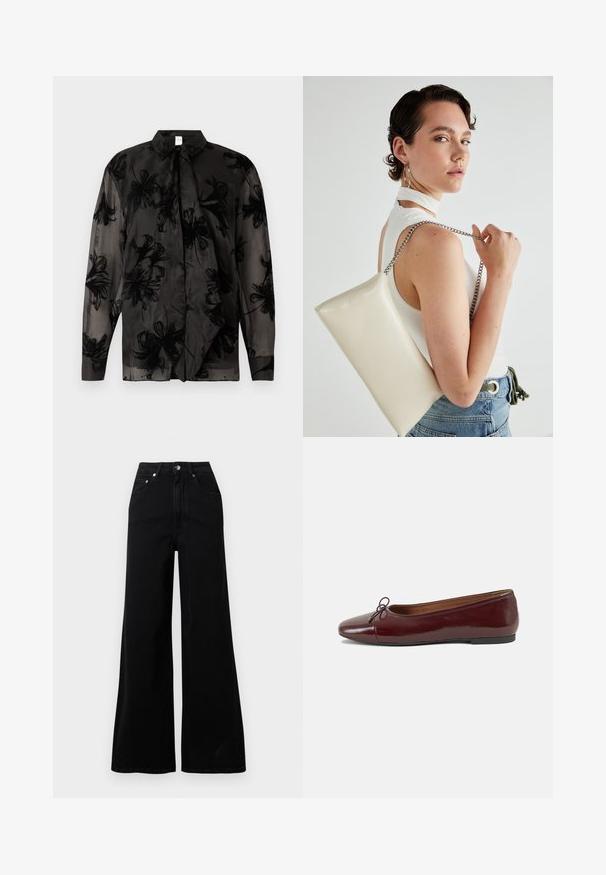 Black sheer blouse featuring floral patterns, a point collar, long sleeves, and a curved hem. Made of lightweight fabric with a smooth texture.; Black wide-leg jeans made from denim, featuring a high waist, five pockets, front button closure, and minimal stitching details.; Burgundy patent leather ballet flat with a rounded toe, small bow accent at the front, and a low, black rubber sole. Smooth texture.; White rectangular clutch bag made of glossy material, featuring a silver chain strap. Model poses, showcasing the bag against a plain background.
