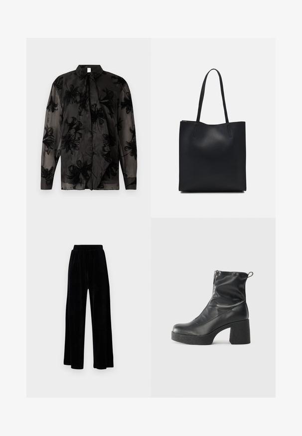 Czarna przezroczysta bluzka z kwiatowymi wzorami, kołnierzykiem z końcówkami, długimi rękawami i zaokrąglonym dołem. Wykonana z lekkiego materiału o gładkiej fakturze.; Czarne spodnie z szerokimi nogawkami wykonane z miękkiego weluru, z elastycznym pasem i gładką fakturą, bez widocznych detali czy wzorów.; Czarne botki za kostkę wykonane z gładkiej skóry, wyposażone w boczny zamek błyskawiczny, masywny teksturowany obcas oraz zaokrąglony czubek.; Czarna skórzana torba tote o gładkiej fakturze, prostokątnym kształcie i dwóch długich uchwytach. Brak widocznych elementów metalowych i ozdób.