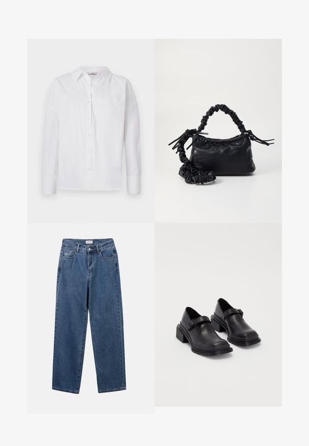 Camicia bianca button-up in cotone, con maniche lunghe, colletto classico e dettagli di cucitura sottili.; Jeans in denim blu classico con design a gamba dritta, cinque tasche e chiusura con bottone. Presentano un lavaggio medio e una trama robusta.; Scarpe in pelle nera con punta arrotondata, suola piatta e una cintura con dettaglio fibbia. Tacco a blocco spesso per una maggiore stabilità.; Borsa a tracolla in ecopelle nera con texture a coccodrillo, apertura cinchata e tracolla arricciata. Si presenta con un design morbido e compatto.