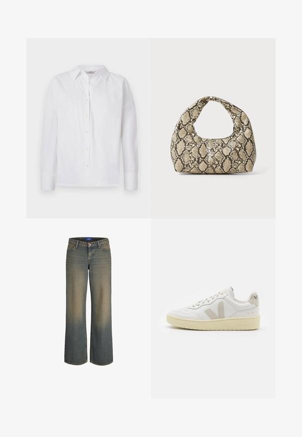 Fehér, pamut anyagú, hosszú ujjú ing, klasszikus gallérral és finom varrási részletekkel.; Széles lábú kék farmernadrág, világosról sötétre gradációval, ötpocketos kialakítással és gombos záródással. Varrott részletek a széleken.; Fehér bőr sneaker bézs velúr részletekkel, perforált orr résszel, lapos fűzőkkel és textúrált krémszínű talppal. Finom márkajelzés található a sarkán.; Kígyómintás kézitáska ívelt fogantyúval. Texturált, bézs és barna anyagból készült, jellegzetes gyémántmintával.