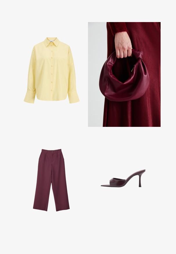 Žlutá bavlněná košile s špičatým límcem, zapínáním na knoflíky vpředu, dlouhými rukávy a volným střihem. Hladká textura a jednoduchý design.; Kalhoty s vysokým pasem a širokými nohavicemi v tmavě švestkovém odstínu se zapínáním na tlačítko vpředu, poutky na opasek, bočními kapsami a upraveným pasem.; Bordeaux vysoké podpatky muly se čtveratou špičkou, vyrobené z hladké kůže. Vyznačují se elegantním, minimalistickým designem a zúženým podpatkem.; Burgundská kožená kabelka s měkkým, nabíraným designem a zaobleným tvarem. Ucho je zajištěné a vykazuje hladkou texturu.