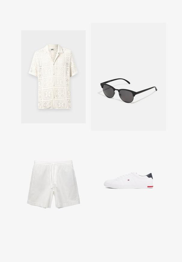 Weißes Kurzarmshirt mit einem offenen Häkelmuster, Kragen und Frontknöpfen, das ein Rasterdesign zeigt.; Weiße Baumwollshorts mit elastischem Bund und Kordelzug, Seitentaschen und geradem Schnitt mit sauberen Säumen.; Weißes Low-Top-Sneaker aus glattem Leder. Mit einem marineblauen Fersenstück und einem roten Akzent an der Sohle. Sechs Ösen für die Schnürsenkel.; Schwarze Sonnenbrille mit runden Gläsern, matter Oberfläche und markanter Cat-Eye-Form. Schlanke Bügel mit dezenter Markenkennzeichnung am linken Schläfenstück.