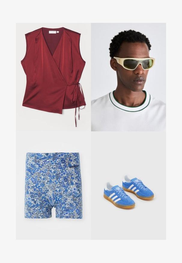 Tiger of Sweden JODYN ciemnoczerwony melanż; Niebieskie bokserki w kwiatowy wzór z mieszanką odcieni, charakteryzujące się dopasowanym krojem i czarnym logo Adidas na pasku.; Niebieskie zamszowe buty sportowe z białymi paskami, gumową podeszwą i wyściełanym kołnierzem dla większego komfortu. Posiadają klasyczny sznurowany design.; Okulary przeciwsłoneczne z przezroczystą żółtą oprawką i zielonymi szkłami. Kanciasty design z szerokimi zausznikami, noszone z białą koszulą z zielonymi akcentami.