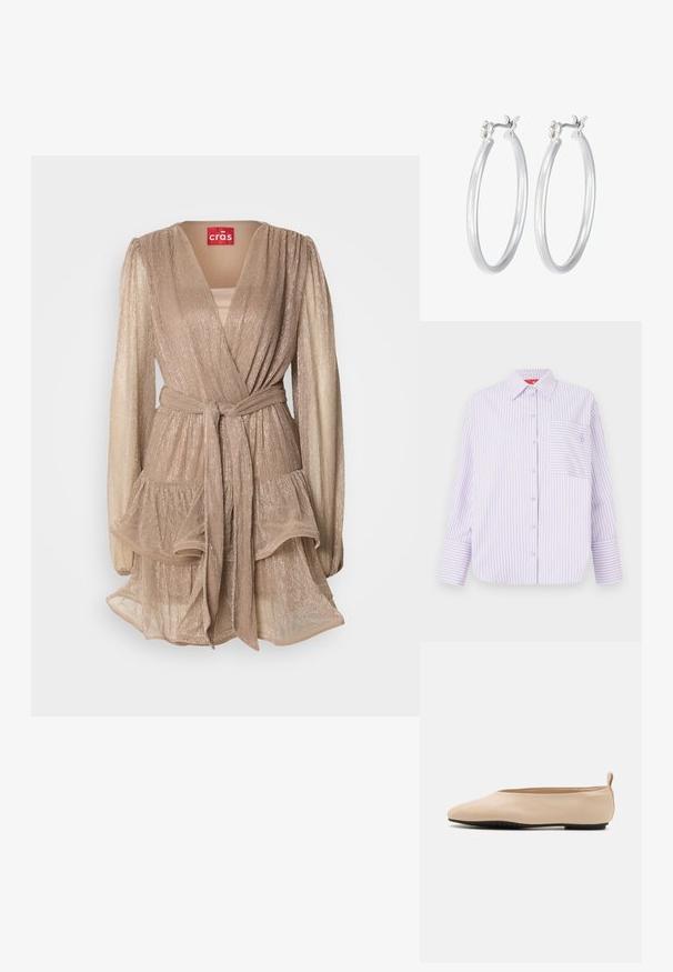 Camisa de botón de color púrpura claro con rayas verticales, un bolsillo en el pecho y cuello. Presenta mangas largas con puños amplios y un sutil detalle de logo.; Vestido envolvente metálico beige con mangas largas acampanadas, falda de volantes en capas y un cinturón a juego. Presenta un escote en V profundo y un suave brillo.; Bailarinas de piel beige con un diseño de perfil bajo, punta redonda y suela de goma negra, que cuentan con un pequeño lazo trasero para facilitar su uso.; Bolso de mano plisado en color crema, elaborado con un material suave, con un acento de cadena dorada trenzada y cierre tipo cordón para forma ajustable.; Pendientes de aro de plata con un acabado liso y pulido. Forma redonda y cierre de click seguro. Diseño ligero adecuado para el uso diario.