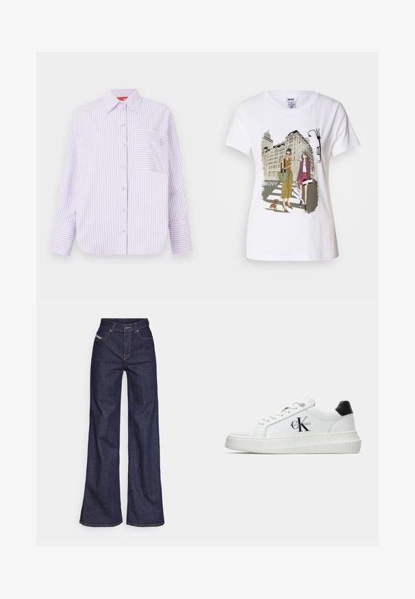 Camicia button-up di un leggero viola con righe verticali, taschino sul petto e colletto. Presenta maniche lunghe con ampi polsini e un dettaglio logo discreto.; T-shirt bianca in cotone con un'illustrazione stampata di due donne in stili di moda urbana con un cane su un attraversamento pedonale e edifici della città.; Jeans a gamba larga di denim blu scuro con vita alta, caratterizzati da cuciture arancioni, design a cinque tasche e chiusura con bottone.; Sneaker bassa bianca con tassello nero sul tallone, suola a piattaforma, lacci e logo "CK" di Calvin Klein sul lato.