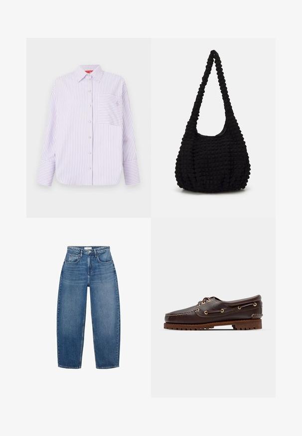 Hellpurpurnes Hemd mit vertikalen Streifen, einer einzigen Brusttasche und einem Kragen. Es hat lange Ärmel mit breiten Aufschlägen und einem dezenten Logodetail.; Marineblaues Langarm-Polo-Shirt mit weißen vertikalen Streifen, einem Kragen und einer Knopfleiste. Figurbetonte Silhouette mit gerippten Bündchen.; Hochgeschnittene blaue Jeans aus Denim mit geradem Schnitt, ausgestattet mit fünf Taschen, Gürtelschlaufen und subtiler Ausbleichung für zusätzliche Textur.; Braune Lederbootsschuhe mit goldenen Ösen, runden Schnürsenkeln und einer strukturierten braunen Gummisohle. Verfügt über genähte Details und ein erhabenes Logo.; Schwarze, strukturierte Stofftasche mit einem einzigen gedrehten Griff, die eine puffige Form und ein gerafftes Oberflächendesign aufweist.