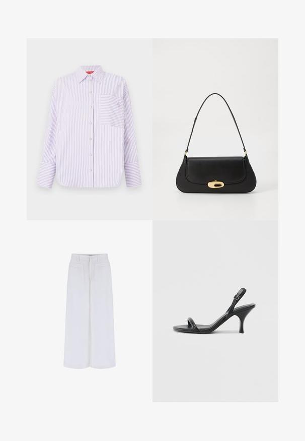 Light purple button-up shirt with vertical stripes, single chest pocket, and a collar. Features long sleeves with wide cuffs and subtle logo detail.; White wide-leg trousers with a smooth texture, featuring two front pockets and a button closure, designed for a relaxed fit.; Black leather high-heeled sandals with a slim, curved heel and a crossed strap design. Adjustable ankle strap. Smooth texture.; Black leather handbag with a curved design, gold-tone hardware, and a top handle. Features a sleek closure and smooth texture.